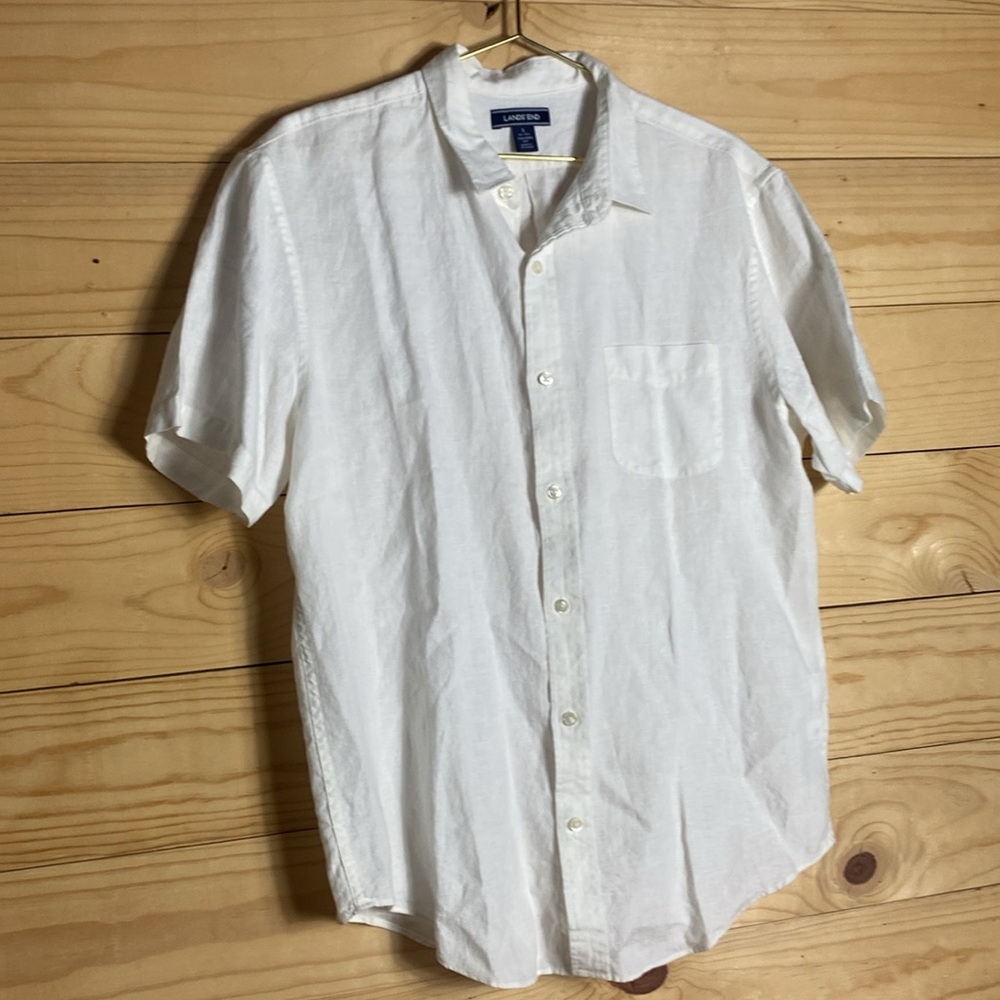 Lands End Men's Classic White 100% Linen Button Down Shirt - Picture 2 of 8